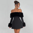 Jaliyah | Plush Trim Mini Dress – Evening Off Shoulder Long Sleeve Flared Skirt