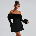 Jaliyah | Plush Trim Mini Dress – Evening Off Shoulder Long Sleeve Flared Skirt