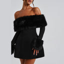 Jaliyah | Plush Trim Mini Dress – Evening Off Shoulder Long Sleeve Flared Skirt
