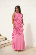 Janelle | High Neck 3D Flower Maxi – Sleeveless Bodycon Wedding Guest Dress