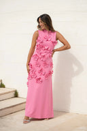 Janelle | High Neck 3D Flower Maxi – Sleeveless Bodycon Wedding Guest Dress