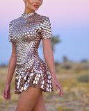 Janice | Crystal Mirror Mini – High Neck Mixed Paillette Sequin Festival Party Dress