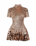 Janice | Crystal Mirror Mini – High Neck Mixed Paillette Sequin Festival Party Dress