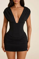 Jayla | Ruched Corset Mini Dress – Evening Plunge Neck Cap Sleeve Lace Up Back