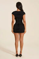 Jayla | Ruched Corset Mini Dress – Evening Plunge Neck Cap Sleeve Lace Up Back