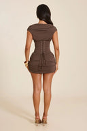 Jayla | Ruched Corset Mini Dress – Evening Plunge Neck Cap Sleeve Lace Up Back
