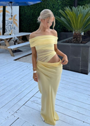 Jazelle | Off Shoulder Ruched Maxi Dress – Cut Out Waist Draped Summer Evening Gown