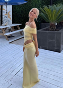 Jazelle | Off Shoulder Ruched Maxi Dress – Cut Out Waist Draped Summer Evening Gown