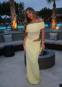Jazelle | Off Shoulder Ruched Maxi Dress – Cut Out Waist Draped Summer Evening Gown