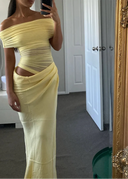 Jazelle | Off Shoulder Ruched Maxi Dress – Cut Out Waist Draped Summer Evening Gown