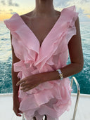 Jazlyn | V Neck Ruffle Mini – One Shoulder Sheer Layered Party Summer Dress