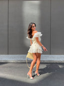 Jazlyn | V Neck Ruffle Mini – One Shoulder Sheer Layered Party Summer Dress