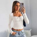 Jazlynn | Lace Trim Top – Casual Square Neck Long Sleeve Bow Tie Front