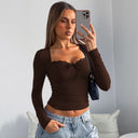 Jazlynn | Lace Trim Top – Casual Square Neck Long Sleeve Bow Tie Front