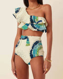 Jennifer | One Shoulder Fan Print Bikini Set – Beach High Waist Ruffle Trim