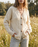 Jessamine | Classic Cable Knit Cardigan – V Neck Button Front Pocket Casual
