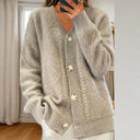 Jessamine | Classic Cable Knit Cardigan – V Neck Button Front Pocket Casual