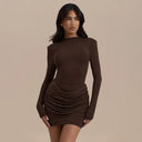 Jessara | Ruched Mini Dress – Evening Boat Neck Long Sleeve Draped Front