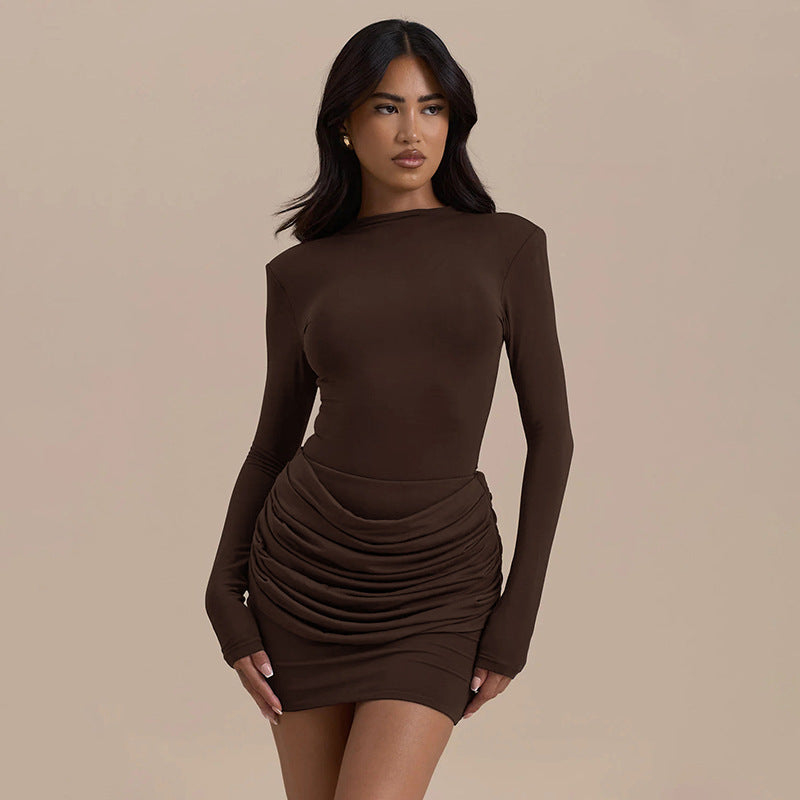 Jessara | Ruched Mini Dress – Evening Boat Neck Long Sleeve Draped Front