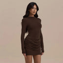 Jessara | Ruched Mini Dress – Evening Boat Neck Long Sleeve Draped Front