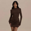 Jessara | Ruched Mini Dress – Evening Boat Neck Long Sleeve Draped Front