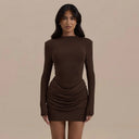 Jessara | Ruched Mini Dress – Evening Boat Neck Long Sleeve Draped Front