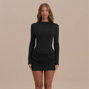 Jessara | Ruched Mini Dress – Evening Boat Neck Long Sleeve Draped Front