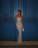 Jessica | olographic Sequin Maxi – Scoop Neck Open Back Bodycon Prom Evening Dress