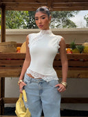 Joanna | Mock Neck Lace Top – Sleeveless Asymmetric Hem Casual Blouse