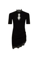 Jocelyne | Lace Trim Mini Dress – Evening High Neck Keyhole Short Sleeve Ruched Hem