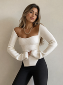 Joella | Sweetheart Knit Top – Casual Long Sleeve Ribbed Pointed Hem