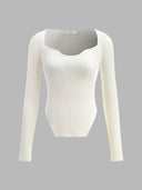 Joella | Sweetheart Knit Top – Casual Long Sleeve Ribbed Pointed Hem