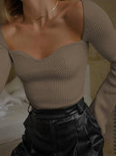 Joella | Sweetheart Knit Top – Casual Long Sleeve Ribbed Pointed Hem
