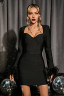 Josefina | Feather Trim Mini Dress – Evening Sweetheart Neck Long Sleeve Bust Cups