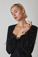 Josefina | Feather Trim Mini Dress – Evening Sweetheart Neck Long Sleeve Bust Cups