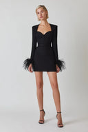 Josefina | Feather Trim Mini Dress – Evening Sweetheart Neck Long Sleeve Bust Cups