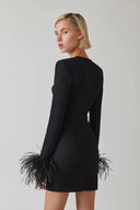 Josefina | Feather Trim Mini Dress – Evening Sweetheart Neck Long Sleeve Bust Cups