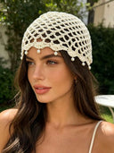 Joy | Crochet Beaded Head Scarf – Summer Open Knit Pearl Trim