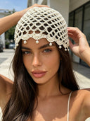 Joy | Crochet Beaded Head Scarf – Summer Open Knit Pearl Trim