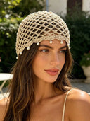 Joy | Crochet Beaded Head Scarf – Summer Open Knit Pearl Trim