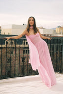June | Strapless Twisted Bodice Pleated Maxi – Scarf Drape Formal Gown