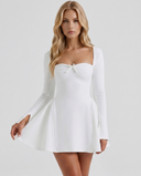 Justine | Ruched Mini Dress – Party Sweetheart Neck Long Sleeve Flared Skirt
