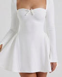 Justine | Ruched Mini Dress – Party Sweetheart Neck Long Sleeve Flared Skirt