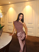 Kaelyn | One Shoulder Satin Maxi Dress – Ruched Bodice Formal Wedding Guest Gown