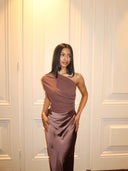 Kaelyn | One Shoulder Satin Maxi Dress – Ruched Bodice Formal Wedding Guest Gown