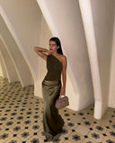 Kaelyn | One Shoulder Satin Maxi Dress – Ruched Bodice Formal Wedding Guest Gown