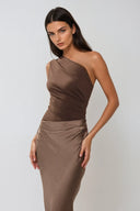 Kaelyn | One Shoulder Satin Maxi Dress – Ruched Bodice Formal Wedding Guest Gown