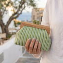 Kaia | Woven Striped Clutch – Summer Event Wood Frame Handheld Top Clasp