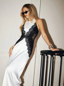 Kaira | Halter Neck Lace Insert Maxi – Contrast Bodycon Split Summer Evening Dress