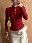 Kalista | Ribbed Knit Top – Casual Mandarin Collar Long Sleeve Frog Button Front